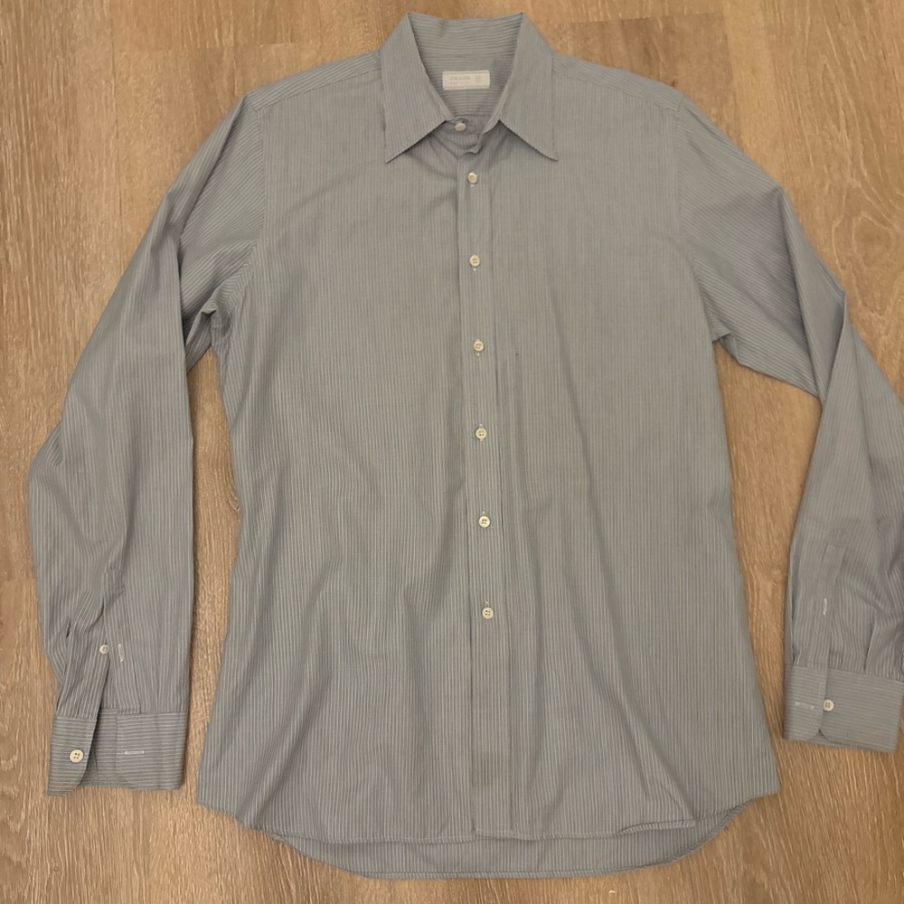 Prada Men's Dress Shirt Size 17.5 / 44 Blue Striped Formal Made In Italy